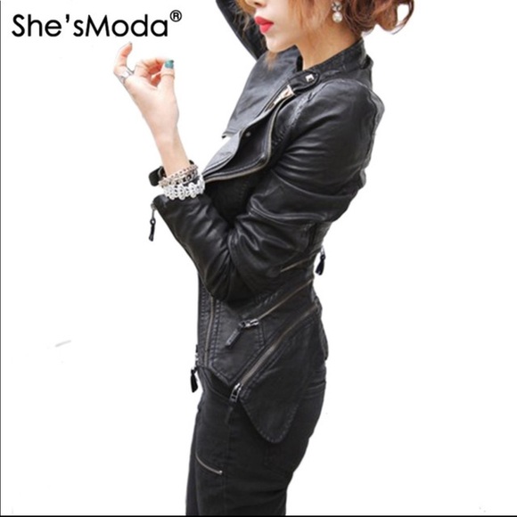 Studded Shoulder Pads Spliced Snake Double Lapels Zipper Dovetail Faux Leather - Picture 2 of 6